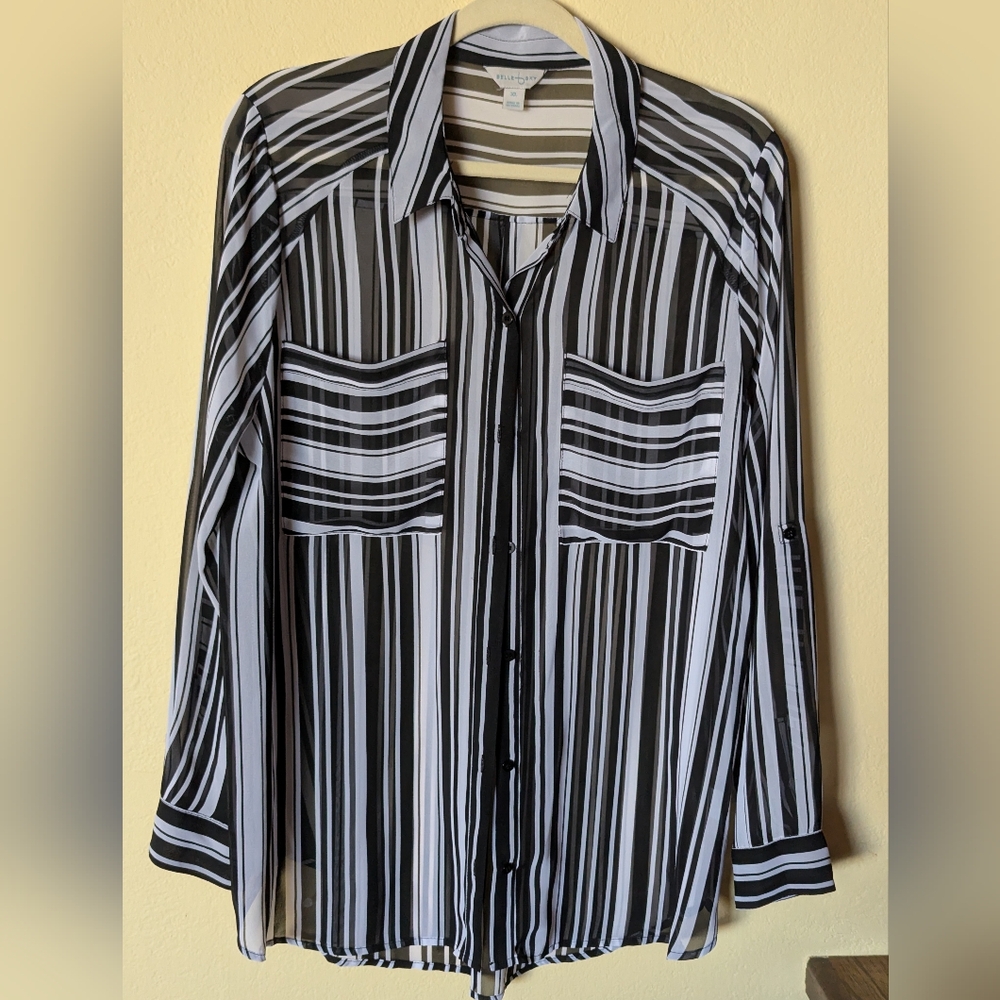 A276, Belle Sky Black and White Striped Button-Down Shirt